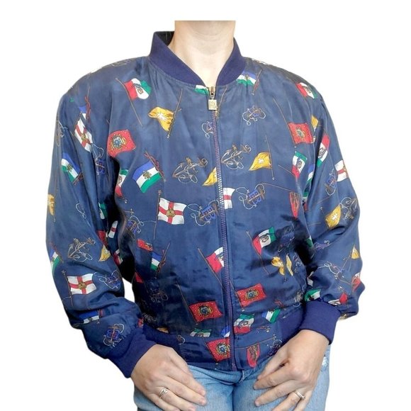 Vintage Jackets & Blazers - Vintage 90s‎ Navy Blue Silk Womens Bomber Jacket S/M Flags Nautical Yacht